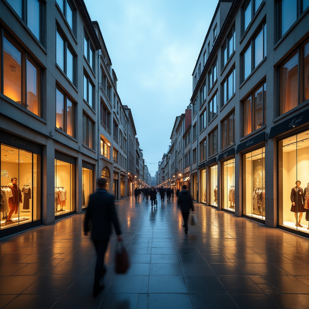 Quartiere retail di Milano con vetrine illuminate e architettura contemporanea