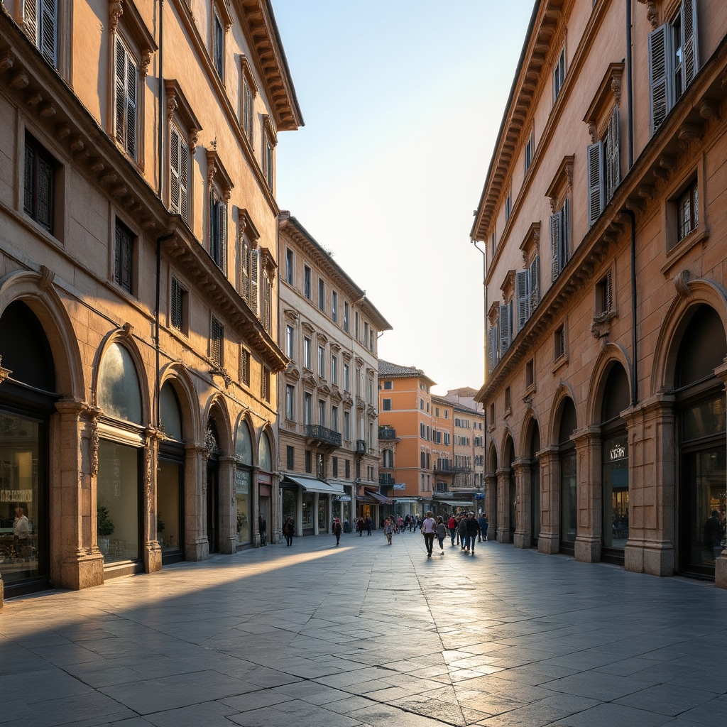 Distretto commerciale di Roma con palazzi storici e attività moderne