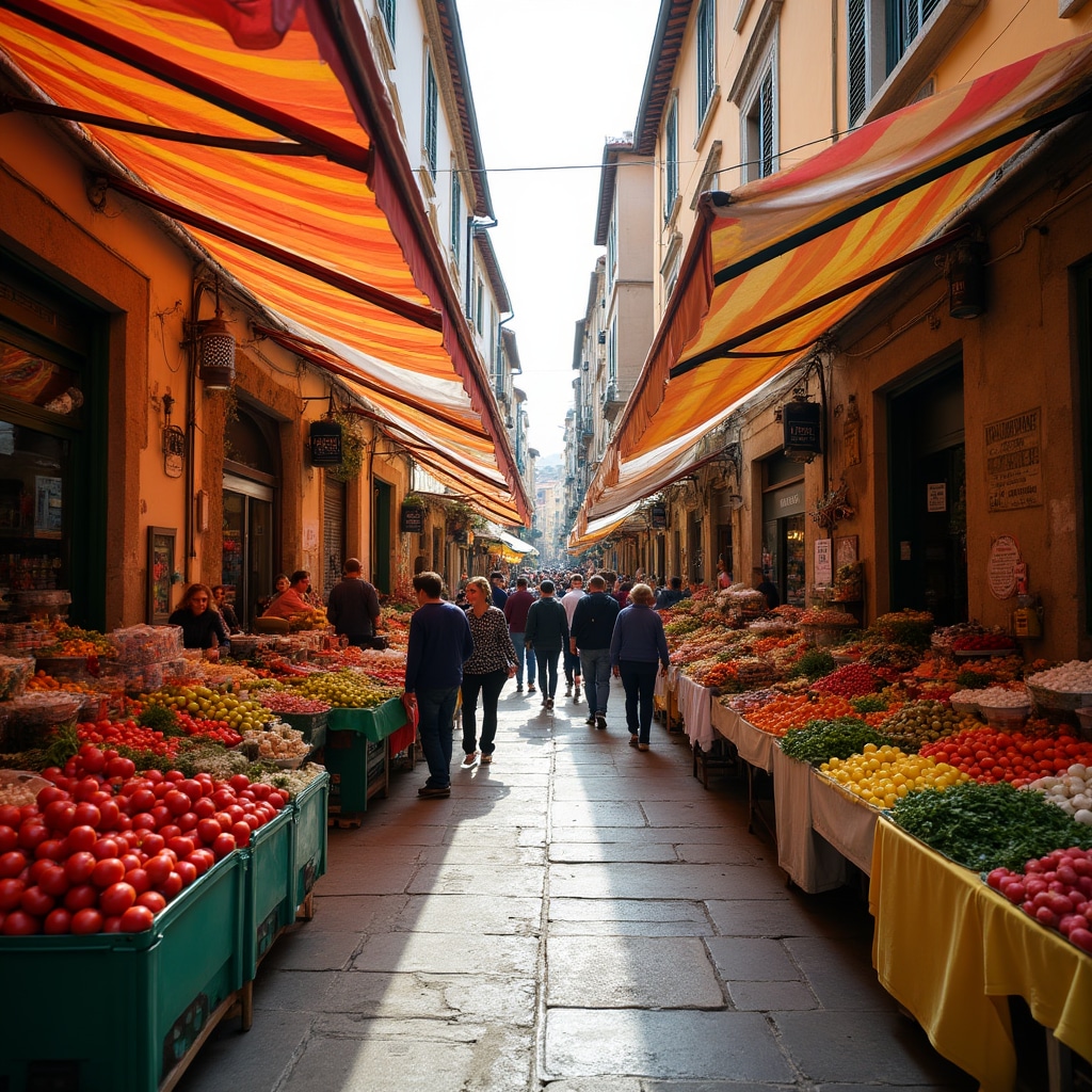 Mercato tradizionale nel Sud Italia con bancarelle colorate e atmosfera vivace