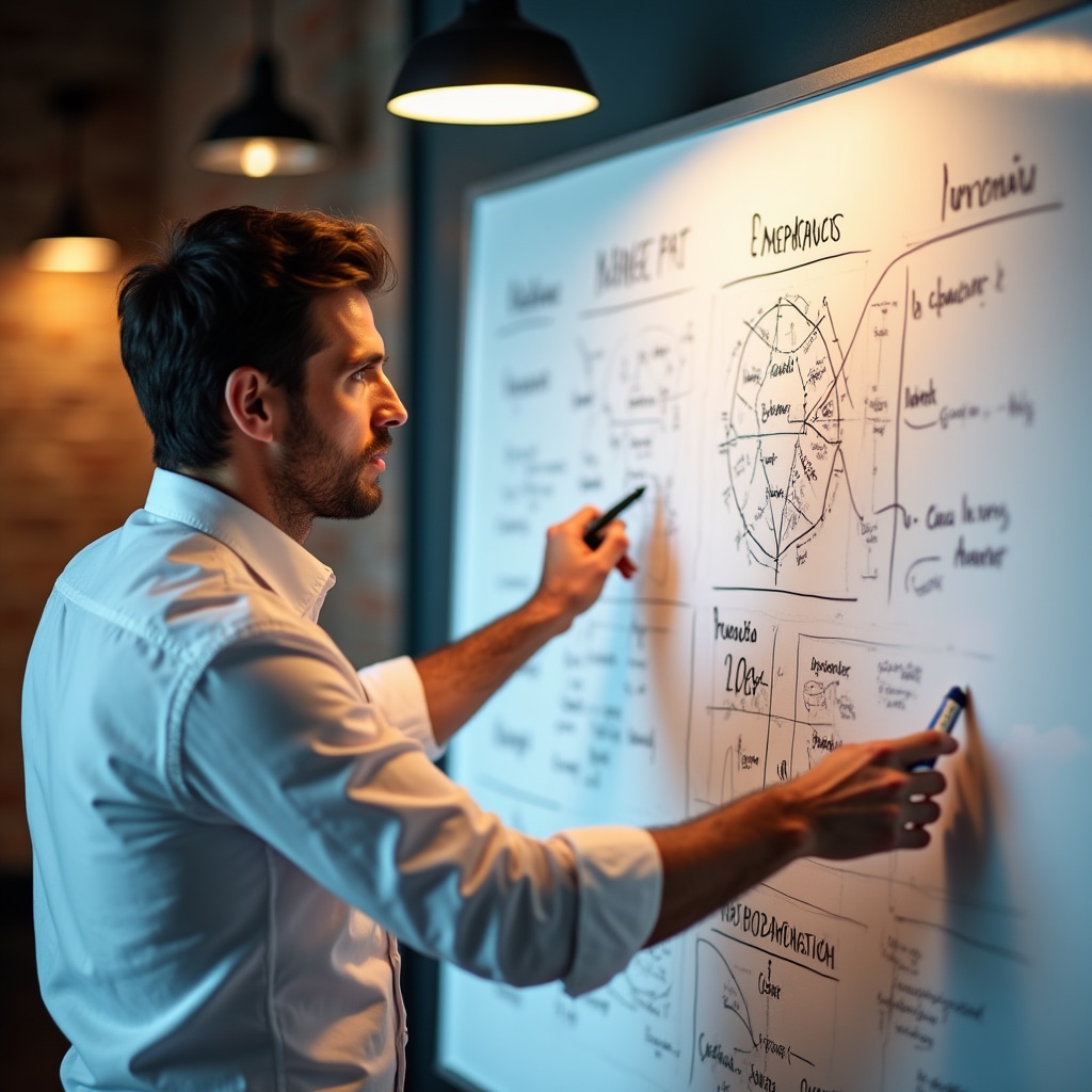 Sessione di strategia su lavagna con mappe mentali e analisi di mercato